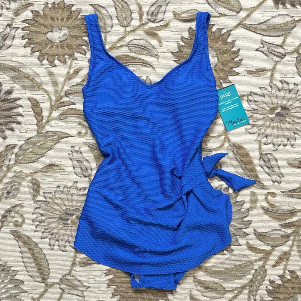 Maxine of Hollywood Swimsuit One Piece Spa Suit Sarong Front Cobalt 8 New